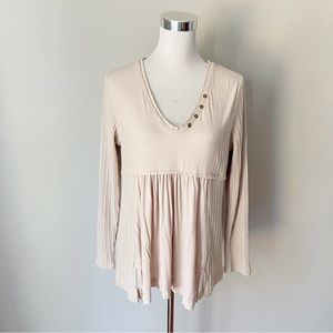Entro Beige Stretch Jersey Knit Babydoll Buttons Top Size M